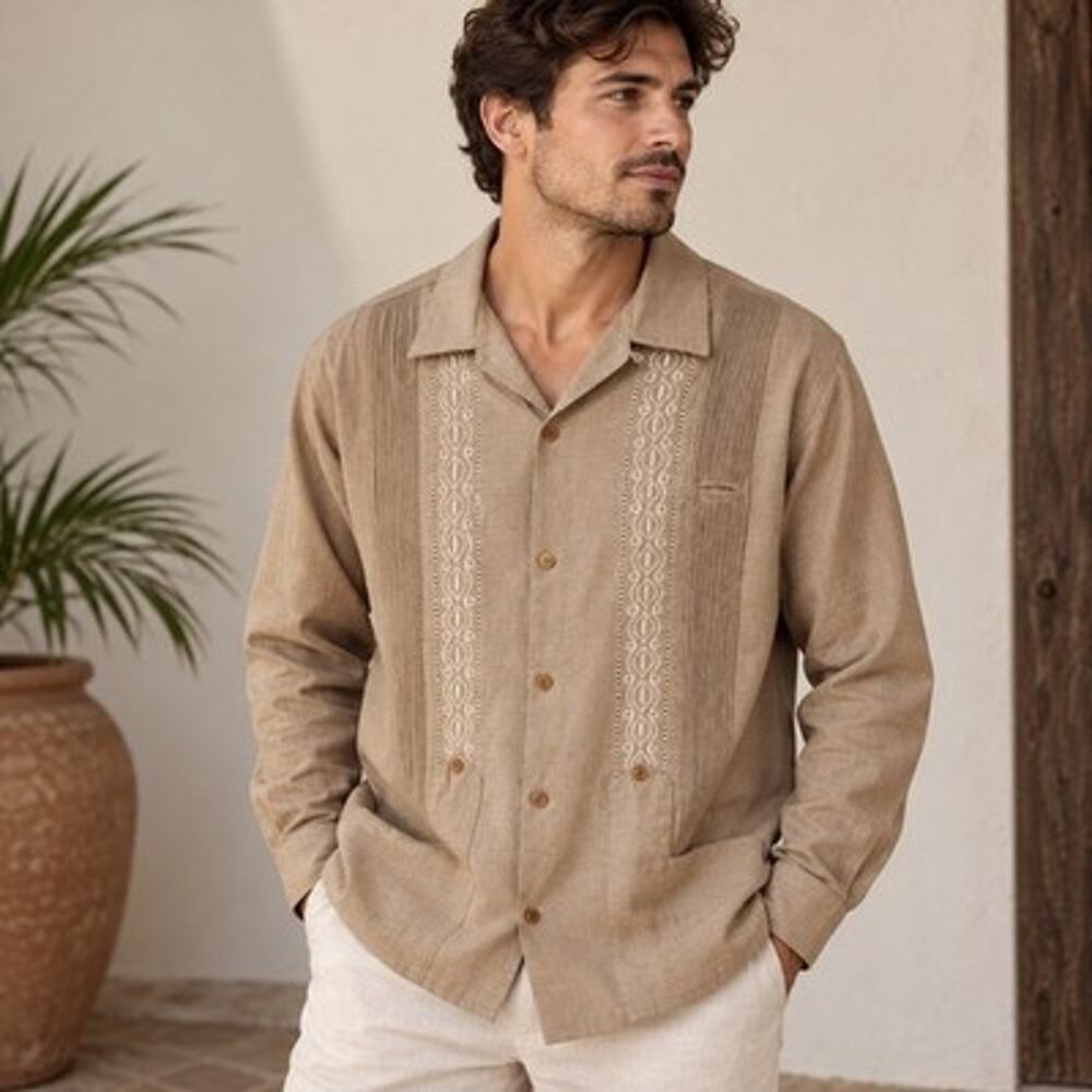 Guayaberas Pirámide Yucatan 100% Linen Shirt Sz 40 Embroidered Upscale Casual
